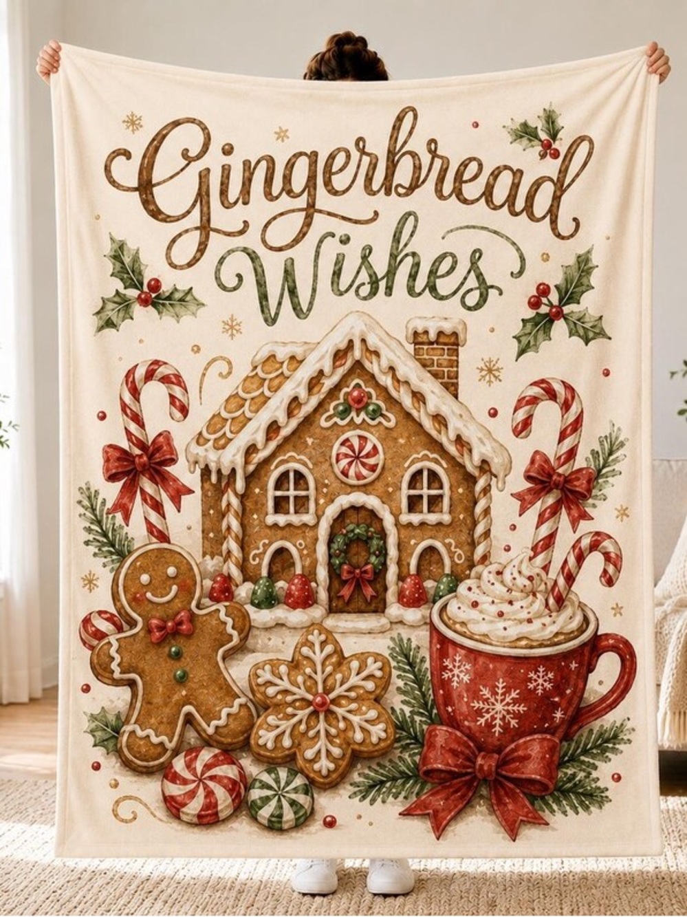 Gingerbread Wishes Holiday Throw Blanket - Cream